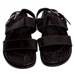 Pre Owned Louis Vuitton Brown Croc And Leather Flat Sandals Size 44.5