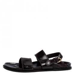 Pre Owned Louis Vuitton Brown Croc And Leather Flat Sandals Size 44.5