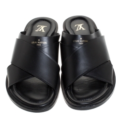 Pre Owned صندل سلايد فلات لوي فيتون سيور متعاكسة جلد أسود مقاس 42