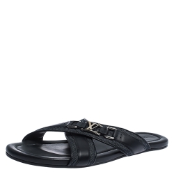 مملوكة مسبقًا Louis Vuitton Black Leather And Denim Cross Strap Sandals Size 42.5