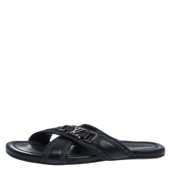 مملوكة مسبقًا Louis Vuitton Black Leather And Denim Cross Strap Sandals Size 42.5
