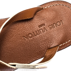Pre Owned Louis Vuitton Tan Leather Toe Ring Criss Cross Flats Size 41.5