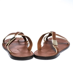 Pre Owned Louis Vuitton Tan Leather Toe Ring Criss Cross Flats Size 41.5