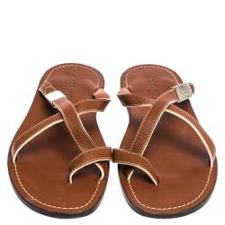 Pre Owned Louis Vuitton Tan Leather Toe Ring Criss Cross Flats Size 41.5