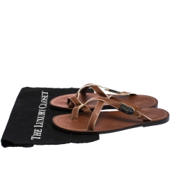 Pre Owned Louis Vuitton Tan Leather Toe Ring Criss Cross Flats Size 41.5