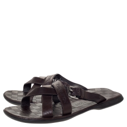 Pre Owned Louis Vuitton Brown Leather Cross Strap Flat Slides Size 41