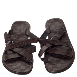 Pre Owned Louis Vuitton Brown Leather Cross Strap Flat Slides Size 41