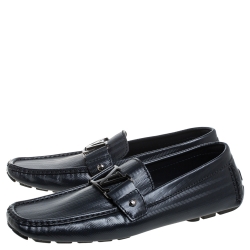 Pre Owned Louis Vuitton Navy Blue Leather Monte Carlo Loafers Size 41.5