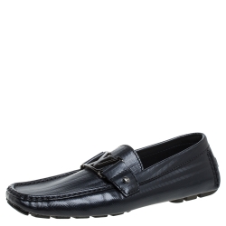 Pre Owned Louis Vuitton Navy Blue Leather Monte Carlo Loafers Size 41.5