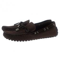 Pre Owned Louis Vuitton Brown Petit Damier Suede Navajo Loafers Size 42