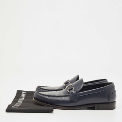 Pre Owned Louis Vuitton Navy Blue Leather Slip On Loafers Size 41.5