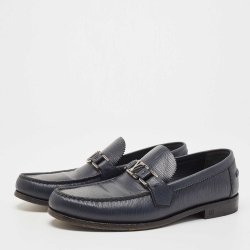 Pre Owned Louis Vuitton Navy Blue Leather Slip On Loafers Size 41.5