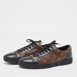 Pre Owned Louis Vuitton Brown/Black Monogram Canvas and Leather Match Up Sneakers Size 43