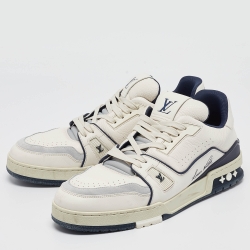 Pre Owned Louis Vuitton White/Blue Leather and Suede LV Trainer Sneakers Size 43