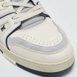 Pre Owned Louis Vuitton White/Blue Leather and Suede LV Trainer Sneakers Size 43