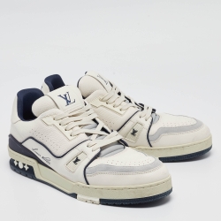Pre Owned Louis Vuitton White/Blue Leather and Suede LV Trainer Sneakers Size 43