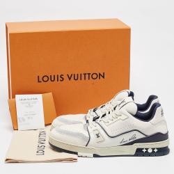 Pre Owned Louis Vuitton White/Blue Leather and Suede LV Trainer Sneakers Size 43