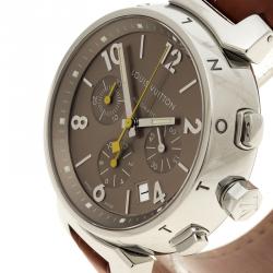 Pre Owned Louis Vuitton Brown Stainless Steel Tambour Q1122 Chronograph Men's Wristwatch 42 mm