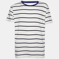 White Striped Cotton Knit Contrast Detail T-Shirt