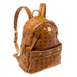 MCM Cognac Visetos Coated Canvas Studded Dual Stark Backpack