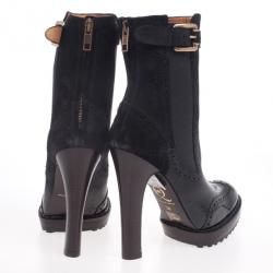 مملوكة مسبقًا McQ by Alexander McQueen Black Leather Brogue Platform Ankle Boots Size 38