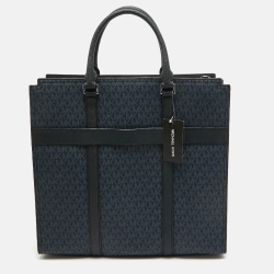Pre Owned Michael Kors Blue/Black Signature Coated Canvas and Leather Cooper Tote
