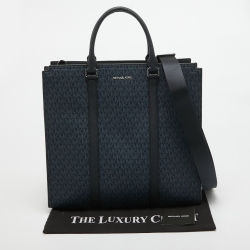 Pre Owned Michael Kors Blue/Black Signature Coated Canvas and Leather Cooper Tote