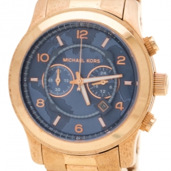 Pre Owned Michael Kors Blue Rose Gold Plated Stainless Steel Watch Hunger Stop Limited Edition Runway MK8358 Men's Wristwatch 45 mm