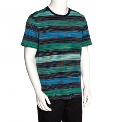 Pre Owned Missoni Blue & Green Striped Cotton Round Neck T-Shirt L 
