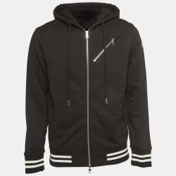 Pre Owned Moncler Black Logo Applique Cotton Zip-Up Hoodie S
