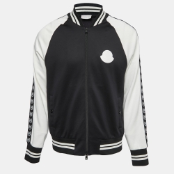 Moncler Black & White Jersey Logo Stripe Detail Bomber Jacket L