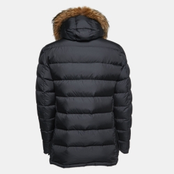 Moncler Black Nylon Fur Trimmed Hood Down Jacket L