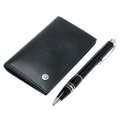 Pre Owned Montblanc Black StarWalker Resin Silver Tone Ballpoint Pen & Westside Business Card Holder Set