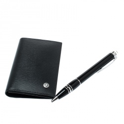 Pre Owned Montblanc Black StarWalker Resin Silver Tone Ballpoint Pen & Westside Business Card Holder Set