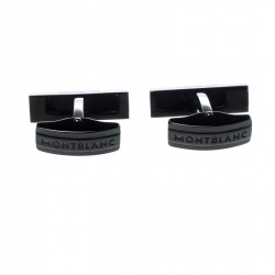 Pre Owned Montblanc Blue Glass Inlay Black PVD Finish Bar Cufflinks