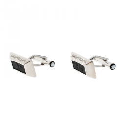 Pre Owned Montblanc Black Leather Silver Rectangular Cufflinks