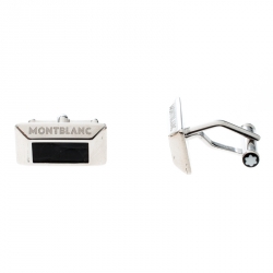 Pre Owned Montblanc Black Leather Silver Rectangular Cufflinks