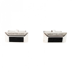 Pre Owned Montblanc Black Leather Silver Rectangular Cufflinks
