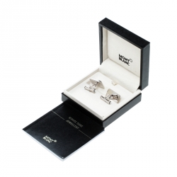 Pre Owned Montblanc Black Leather Silver Rectangular Cufflinks