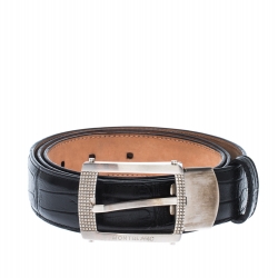 Pre Owned Montblanc Black Crocodile Embossed Leather Buckle Belt 110CM