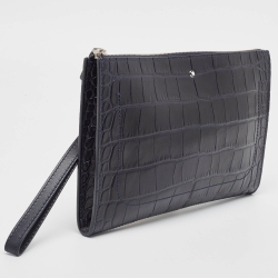 Montblanc Navy Blue Croc Embossed Leather Meisterstuck Zip Wristlet Pouch