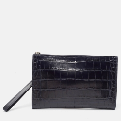 Montblanc Navy Blue Croc Embossed Leather Meisterstuck Zip Wristlet Pouch