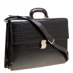 Montblanc Black Alligator Embossed Leather Double Gusset Briefcase