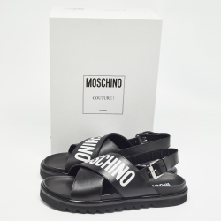 Pre Owned Moschino Black Leather Logo Crisscross Flat Sandals Size 45