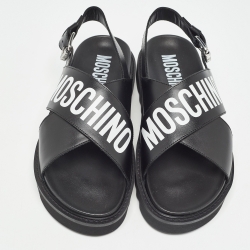 Pre Owned Moschino Black Leather Logo Crisscross Flat Sandals Size 45