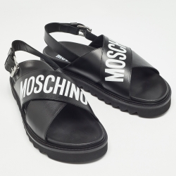 Pre Owned Moschino Black Leather Logo Crisscross Flat Sandals Size 45