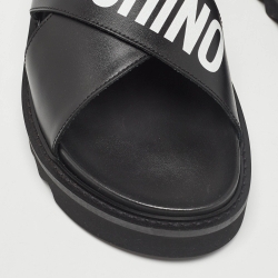 Pre Owned Moschino Black Leather Logo Crisscross Flat Sandals Size 45