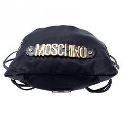 Pre Owned Moschino Black/Gold Logo Nylon Drawstring Backpack