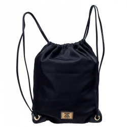 Pre Owned Moschino Black/Gold Logo Nylon Drawstring Backpack