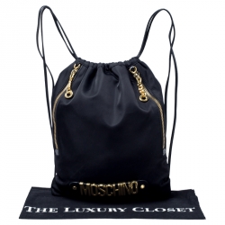 Pre Owned Moschino Black/Gold Logo Nylon Drawstring Backpack